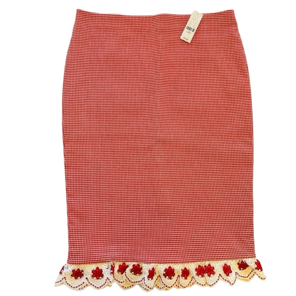 NWT New York & Company Red and White Gingham Midi Pull On Skirt. Size L